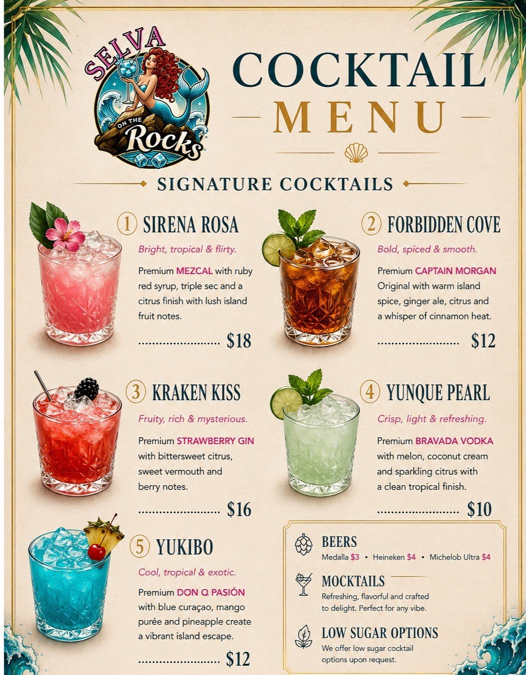 Selva On The Rocks signature cocktail menu
