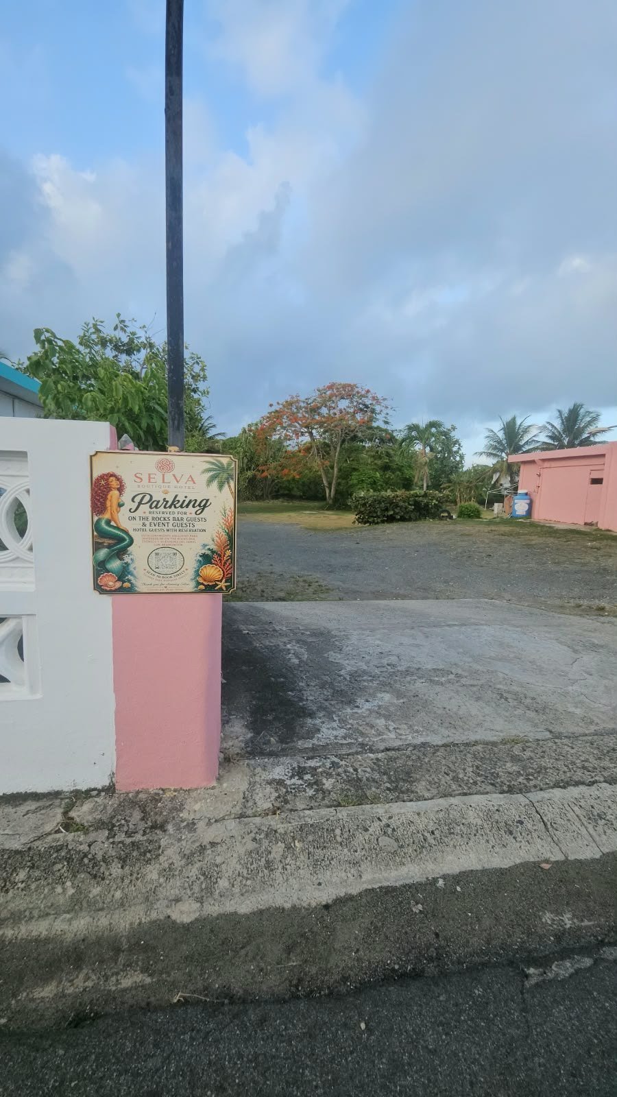 Selva's additional parking area with signage reserved for On The Rocks Bar and event guests